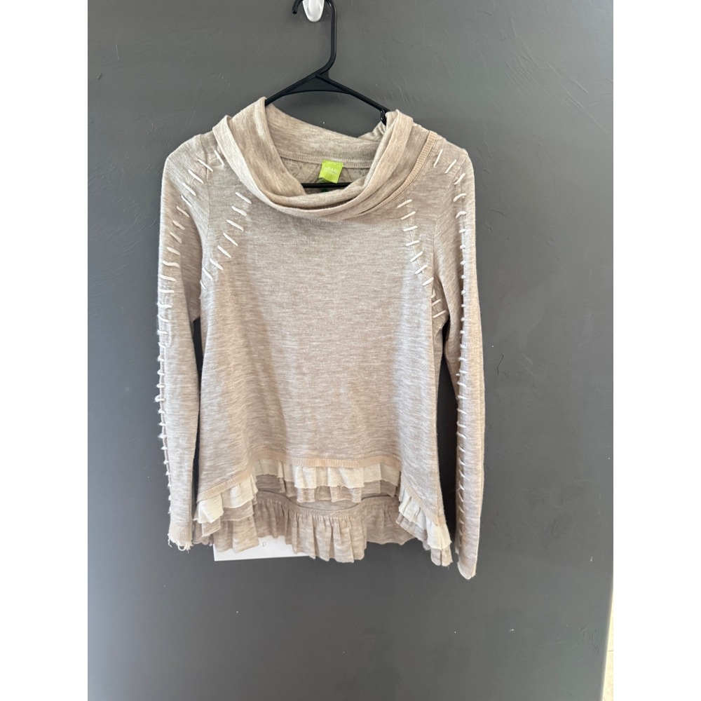 Adam Jacobs Womens Cowl Neck Ruffle Hem Sweater‎ Tan Whipstitch Graphic Back S